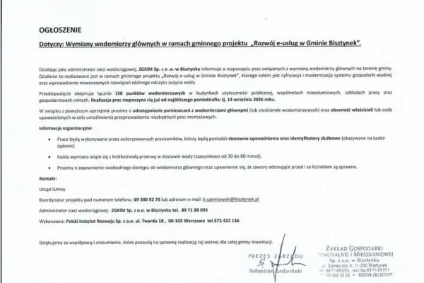 Bisztynek: wymiana wodomierzy głównych – harmonogram i zasady