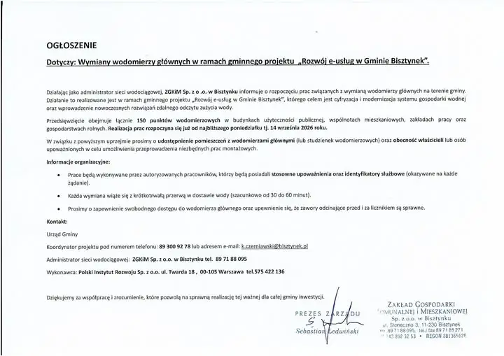 Bisztynek: wymiana wodomierzy głównych – harmonogram i zasady