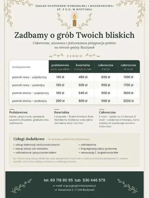 ZGKIM Bisztynek oferuje pielęgnację grobów – pakiety całoroczne i jednorazowe