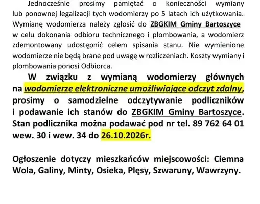 Gmina Bartoszyce przypomina o odczytach podliczników wody i obowiązkowej legalizacji wodomierzy