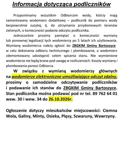 Gmina Bartoszyce przypomina o odczytach podliczników wody i obowiązkowej legalizacji wodomierzy
