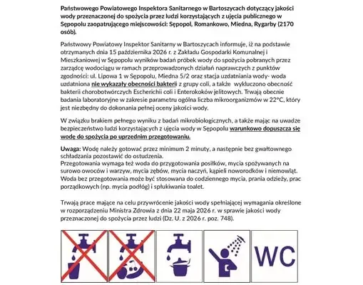 Sępopol: woda warunkowo dopuszczona do spożycia po przegotowaniu