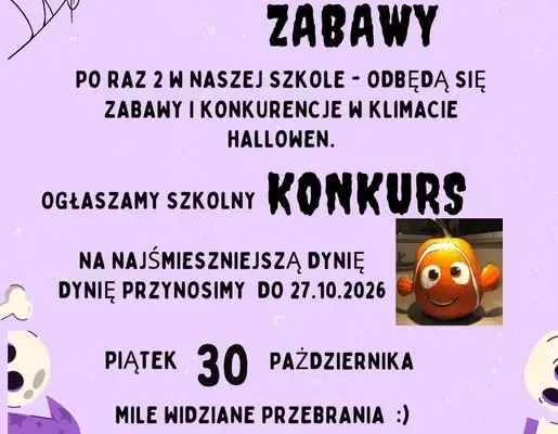 Szkoła Podstawowa nr 4 w Bartoszycach zaprasza na halloweenowe zabawy i konkurs na najśmieszniejszą dynię
