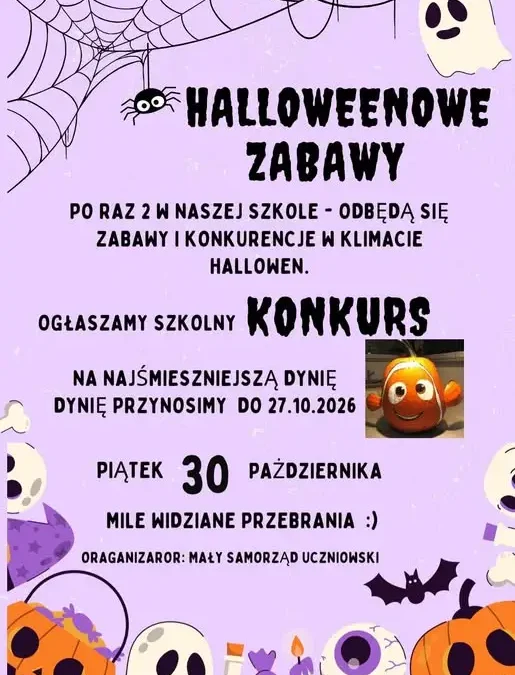 Szkoła Podstawowa nr 4 w Bartoszycach zaprasza na halloweenowe zabawy i konkurs na najśmieszniejszą dynię