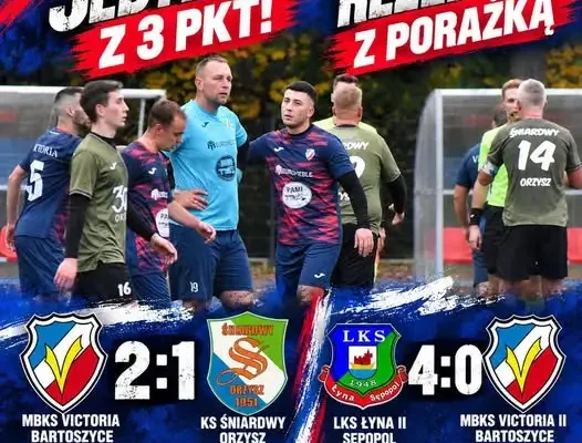 Victoria Bartoszyce wygrywa z Orzyszem, rezerwy przegrywają w Sępopolu